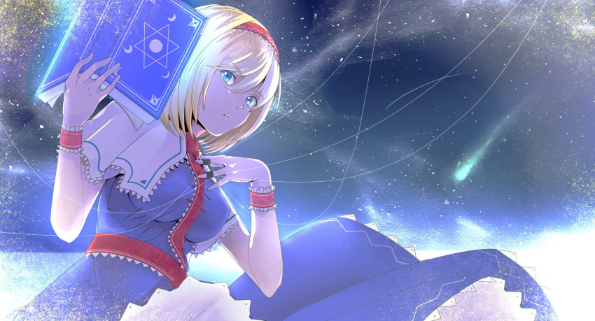 1girl alice_margatroid blonde_hair blue_dress blue_eyes bob_cut book breasts capelet comet commentary_request crescent_moon dress frilled_cuffs glowing glowing_eyes hair_between_eyes hairband hand_on_own_chest hands_up hexagram highres holding holding_book hybrid_(1212apro) jewelry large_breasts light_particles long_dress looking_at_viewer moon night night_sky open_book parted_lips red_hairband red_neckwear red_ribbon red_sash ribbon ring sash short_hair sidelocks sky solo star_(sky) star_(symbol) starry_sky starry_sky_background string touhou white_capelet wrist_cuffs