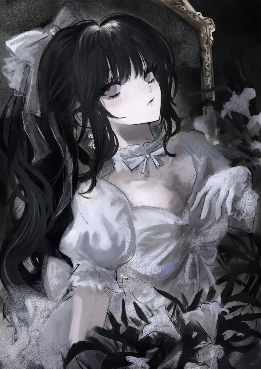 1girl akai_ringo_(eveyuno) black_hair breasts choker dress gloves goth_fashion highres indoors lolita_fashion long_sleeves mirror non-web_source original solo white_dress white_gloves white_headdress window
