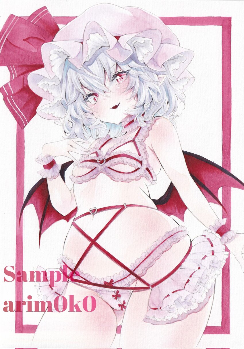 1girl arim0k0 artist_name bat_wings blush border bra commentary cowboy_shot fang frilled_bra frills grey_hair hat hat_ribbon highres lingerie looking_at_viewer marker_(medium) midriff mob_cap open_mouth panties pink_hat pointy_ears red_border red_eyes red_ribbon remilia_scarlet ribbon sample_watermark short_hair skin_fang solo touhou traditional_media underwear watermark wings wrist_cuffs