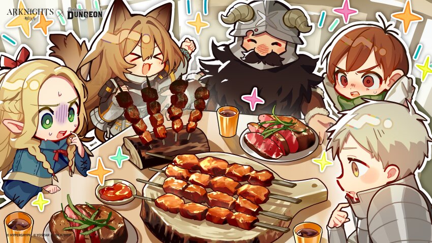 &gt;_&lt; 2girls 3boys :d ^_^ absurdres animal_ears arknights armor beard black_hair blonde_hair bright_pupils brown_eyes brown_hair ceobe_(arknights) chilchuck_tims closed_eyes commentary copyright_name copyright_notice cuirass drink drooling dungeon_meshi elf english_commentary excited facial_hair fang food full_beard gloom_(expression) green_eyes grey_horns helmet highres horns horns_through_headwear infection_monitor_(arknights) laios_touden long_beard long_hair long_sleeves marcille_donato multiple_boys multiple_girls mustache nervous nervous_sweating official_art open_mouth plate pointy_ears senshi_(dungeon_meshi) short_hair smile sparkle sweat table white_pupils wooden_table yellow_eyes