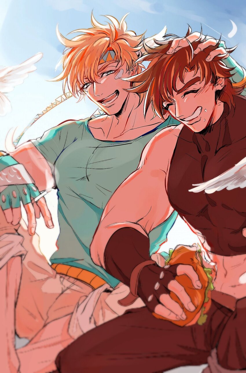 2boys bare_shoulders battle_tendency between_fingers blonde_hair brown_hair caesar_anthonio_zeppeli cigarette crop_top facial_mark feather_hair_ornament feathers fingerless_gloves food gloves green_eyes hair_ornament headband highres holding jojo_no_kimyou_na_bouken joseph_joestar joseph_joestar_(young) laughing male_focus midriff multiple_boys pants pants_rolled_up sandwich sky sleeveless_turtleneck_crop_top suzuri513