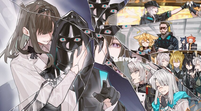 1boy 1other 6+girls ace_(arknights) allerdale_(arknights) animal_ears arknights artist_name beagle_(arknights) black_gloves black_hairband black_jacket blonde_hair blue_eyes blue_hair brown_hair cat_ears closed_eyes coat commentary crack dagda_(arknights) doctor_(arknights) english_commentary engrish_commentary erober fang_(arknights) frostnova_(arknights) gloves grey_eyes hairband halo hat highres hood indra_(arknights) jacket kroos_(arknights) lion_ears looking_at_viewer mask multiple_girls orange_hair outcast_(arknights) priestess_(arknights) purple_eyes rabbit_ears scar scar_on_face siege_(arknights) sunglasses sweater talulah_(arknights) white_coat white_hair yellow_eyes