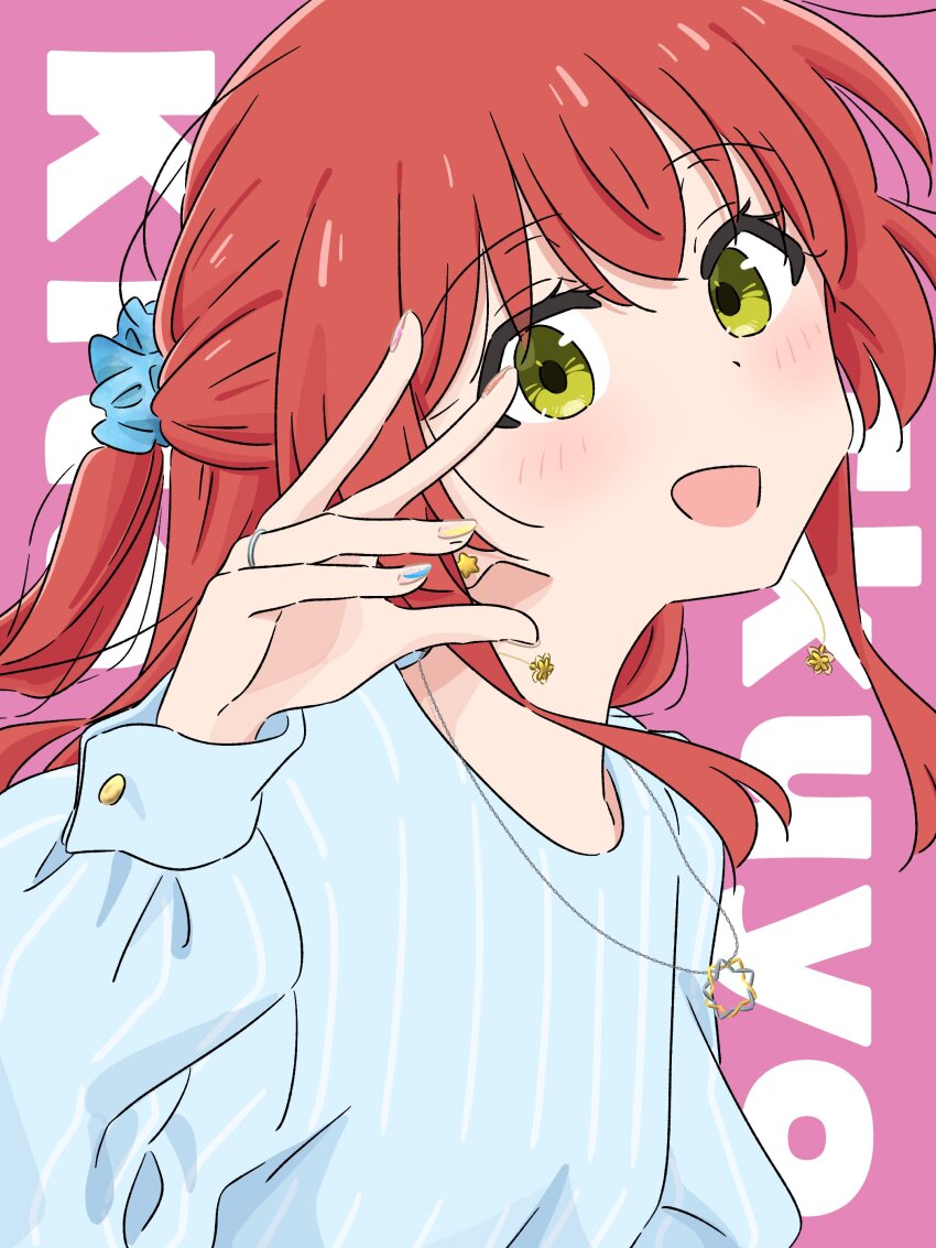 1girl absurdres blue_shirt blush bocchi_the_rock! character_name commentary_request dot_nose earrings fingernails green_eyes hair_tie hand_up highres jewelry kita_ikuyo long_hair long_sleeves looking_at_viewer mayo_(oekaki_bibbi) multicolored_nails necklace open_mouth pink_background puffy_sleeves red_hair ring shirt smile solo upper_body