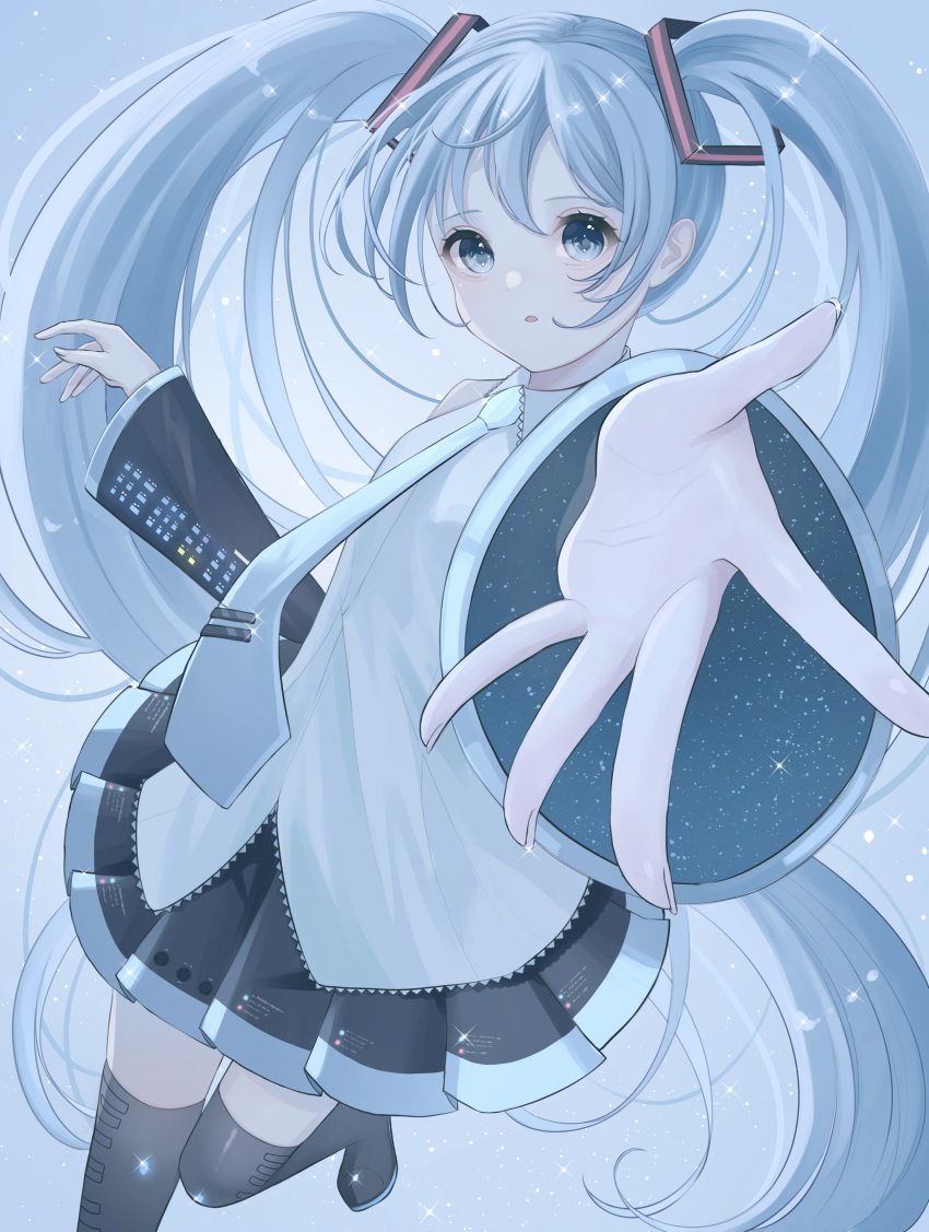 1girl absurdres bare_shoulders black_boots black_skirt black_sleeves blue_background blue_eyes blue_hair blue_necktie boots commentary cowboy_shot detached_sleeves glint grey_shirt hair_ornament hatsune_miku highres long_hair looking_at_viewer miku_day necktie open_mouth outstretched_arm pleated_skirt reaching reaching_towards_viewer shirotae_nun shirt skirt solo space standing standing_on_one_leg star_(sky) thigh_boots tie_clip twintails very_long_hair vocaloid