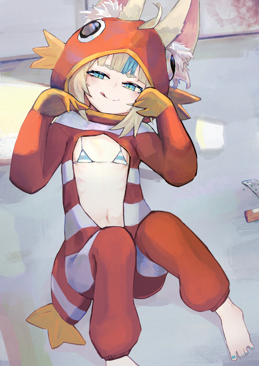 1girl :q alternate_costume animal_costume animal_ear_fluff animal_ears barefoot bikini blonde_hair blue_bikini blue_eyes blue_hair blue_nails cat_ears closed_mouth female_focus flat_chest highres indie_virtual_youtuber looking_at_viewer micro_bikini multicolored_hair nail_polish navel ok1teru open_clothes sameko_saba solo streaked_hair striped_bikini striped_clothes swimsuit toenail_polish toenails tongue tongue_out two-tone_hair