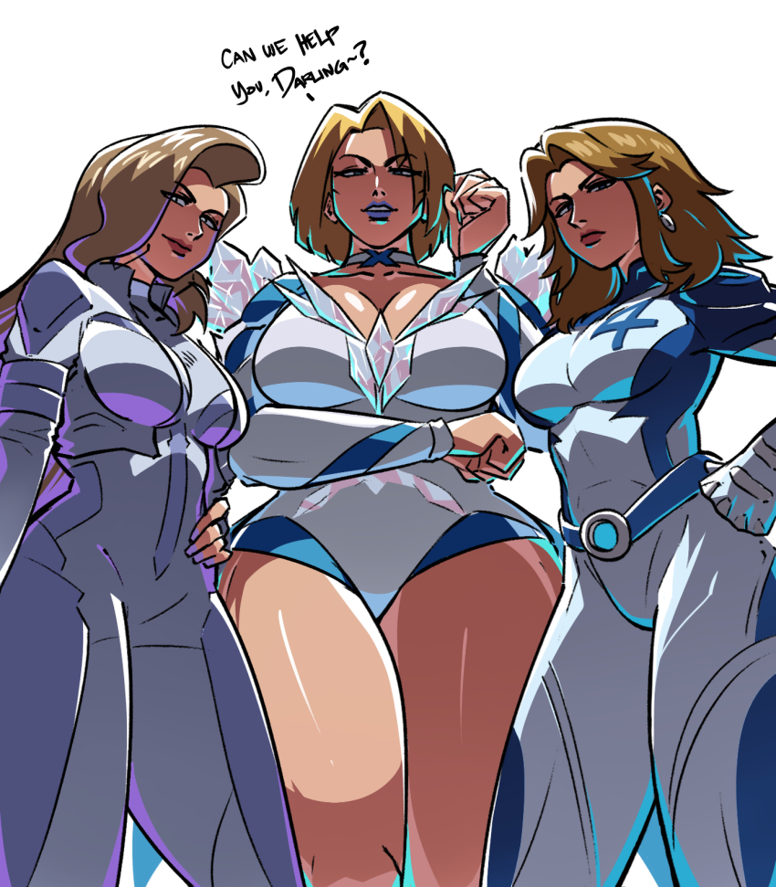 3girls blonde_hair blue_hair bodysuit breasts color_connection crossed_arm dagger_(marvel) earrings emma_frost english_text eyes_visible_through_hair female_focus gloves hair_color_connection hands_on_own_hips highres jewelry large_breasts lips looking_down marvel marvel_rivals mavel medium_breasts multiple_girls pov serious sue_storm tina_fate trait_connection white_background