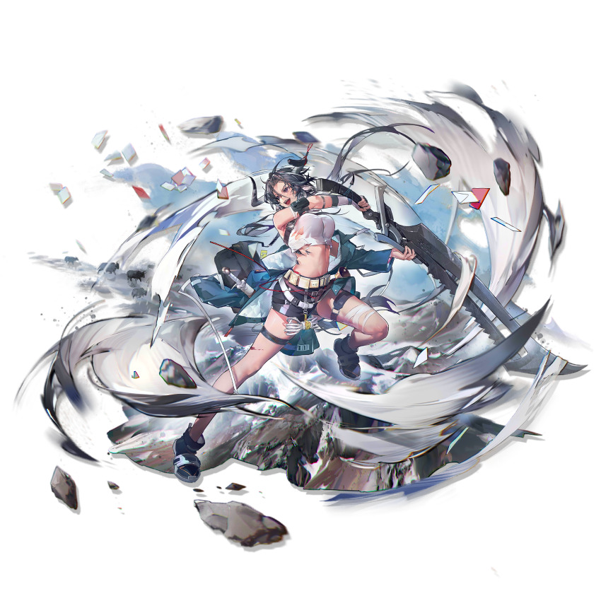 1girl :d arknights artist_request bare_legs bare_shoulders black_hair black_shoes breasts commentary_request crop_top elite_ii_(arknights) fingerless_gloves full_body gloves hand_on_own_hip highres horns infection_monitor_(arknights) large_breasts material_growth medium_hair midriff navel official_art open_mouth oripathy_lesion_(arknights) purple_eyes shirt shoes single_glove smile solo stomach thigh_strap thighs transparent_background white_shirt wind_chimes_(arknights)