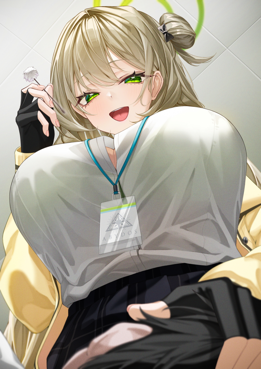 1boy 1girl absurdres black_gloves black_skirt blue_archive blush bratja breasts brown_hair button_gap commentary_request cotton_swab ear_cleaning fingerless_gloves from_below gloves green_eyes green_halo hair_rings halo highres huge_breasts jacket lanyard lap_pillow lap_pov large_breasts long_hair looking_at_viewer mimikaki nonomi_(blue_archive) open_mouth shirt single_hair_ring skirt smile teeth upper_teeth_only white_shirt yellow_jacket