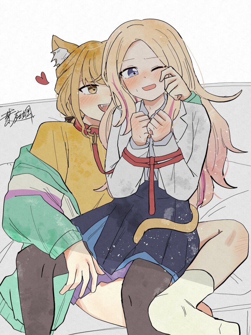 2girls aqua_hoodie black_pantyhose black_skirt collar collared_shirt commentary fangs fujita_kotone gakuen_idolmaster grey_shirt haniwa_hayate highres holding holding_leash hood hoodie idolmaster jacket juo_sena kemonomimi_mode leash multiple_girls one_eye_closed pantyhose pink_streaks pleated_skirt purple_eyes shirt simple_background sitting sitting_on_lap sitting_on_person skirt symbol-only_commentary white_background white_jacket yellow_eyes yellow_shirt yuri