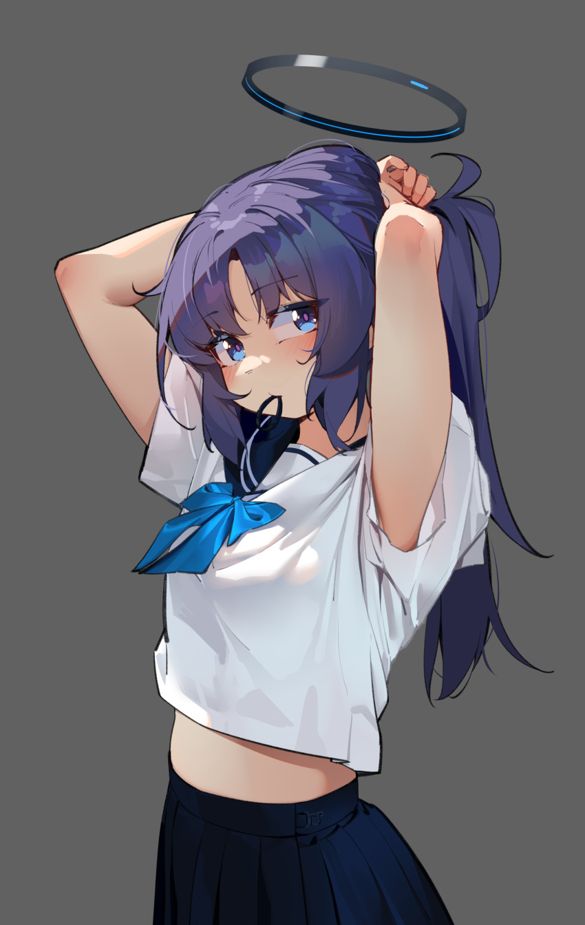 1girl absurdres adjusting_hair arms_behind_head arms_up black_skirt blue_archive blue_eyes blush closed_mouth grey_background hair_tie_in_mouth halo highres long_hair looking_at_viewer mechanical_halo midriff mouth_hold painterliuhao purple_hair sailor_collar school_uniform shirt short_sleeves simple_background skirt solo standing tying_hair white_shirt yuuka_(blue_archive)