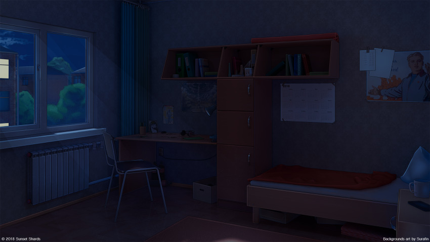 3d bed blanket blue_sky bottle building cabinet calendar_(object) carpet cloud cloudy_sky curtains desk headphones highres house indoors interior light_rays moonlight night night_sky notepad original pillow poster_(object) scenery shelf sky surafin table tree window window_shadow wooden_floor