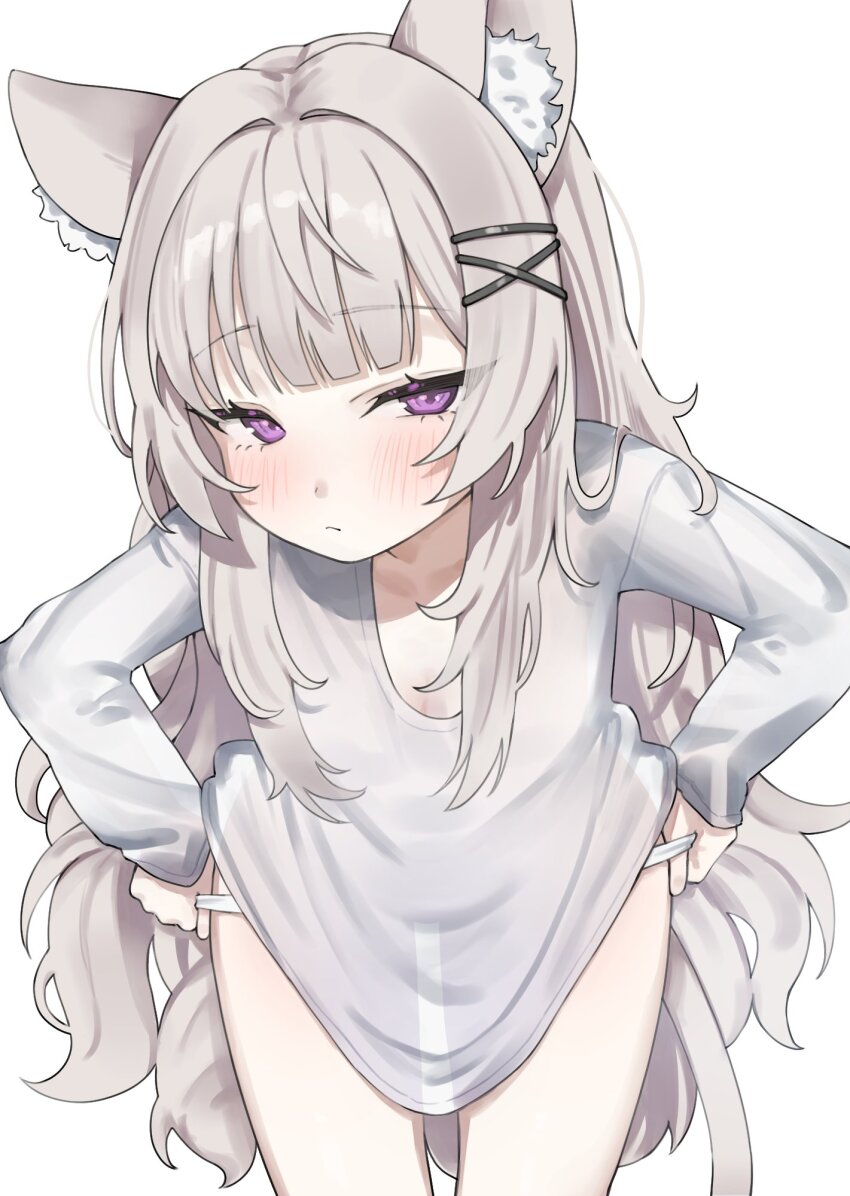 1girl animal_ears bent_over cat_ears cat_girl cat_tail commission expressionless grey_hair hanakonenne highres long_hair long_sleeves looking_at_viewer no_pants original panties panty_pull purple_eyes see-through_silhouette shirt tail underwear very_long_hair white_panties white_shirt