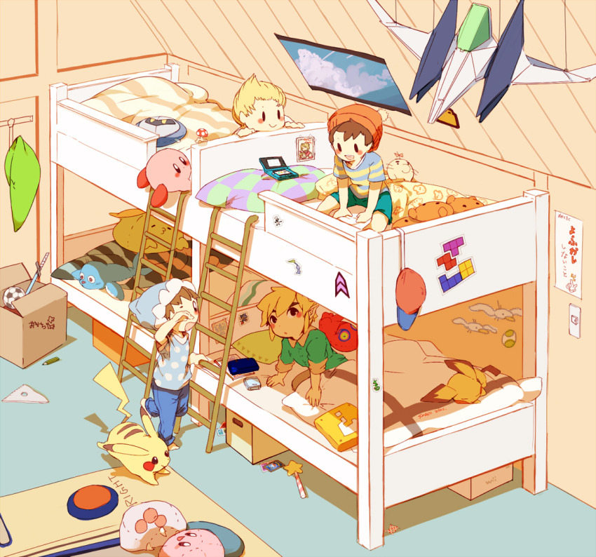 4boys arwing ball bed bed_sheet bedroom black_hair blonde_hair blue_pikmin blush brown_hair card child cloud creatures_(company) crossover doseisan everyone game_&amp;_watch game_console game_freak gen_1_pokemon gen_2_pokemon gen_3_pokemon goonie gulpin handheld_game_console hat ice_climber kirby kirby_(series) ladder legendary_pokemon link lucas_(mother_3) male_focus mask meta_knight metroid metroid_(creature) mother_(series) mother_2 mother_3 mr._game_&amp;_watch multiple_boys ness_(mother_2) nintendo nintendo_ds open_mouth pichu pikachu pikmin_(creature) pikmin_(series) pillow pointy_ears pokemon pokemon_(creature) pokemon_card pokemon_tcg popo_(ice_climber) ramblin&#039;_evil_mushroom rayquaza sega short_hair smile soccer_ball sonic_(series) sonic_the_hedgehog sorutosio star_fox star_rod super_smash_bros. the_legend_of_zelda the_legend_of_zelda:_the_wind_waker toon_link toy wand weapon wii window