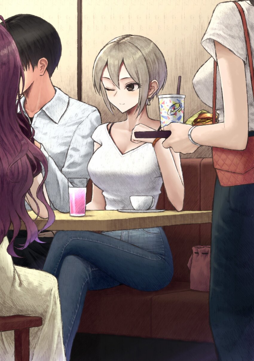 1boy 3girls absurdres aramachi bag black_hair booth_seating breasts brown_eyes burger closed_mouth commentary_request cup denim earrings food handbag highres holding holding_tray idolmaster idolmaster_cinderella_girls indoors jeans jewelry large_breasts long_hair multiple_girls one_eye_closed pants purple_hair saucer shiomi_syuko shirt short_hair sitting slice_of_life smile soda solo_focus teacup tray white_shirt