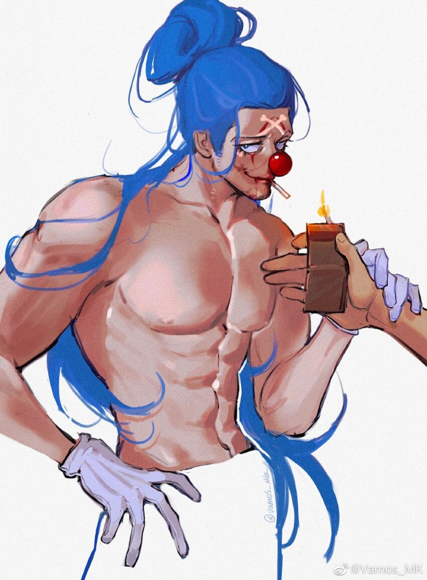 1boy abs blue_eyes blue_hair buggy_the_clown closed_mouth clown_nose eyelashes facepaint facial_hair gloves goatee highres lighter long_hair male_focus messy_hair one_piece pectorals sideburns solo toned toned_male vamos_mk white_gloves