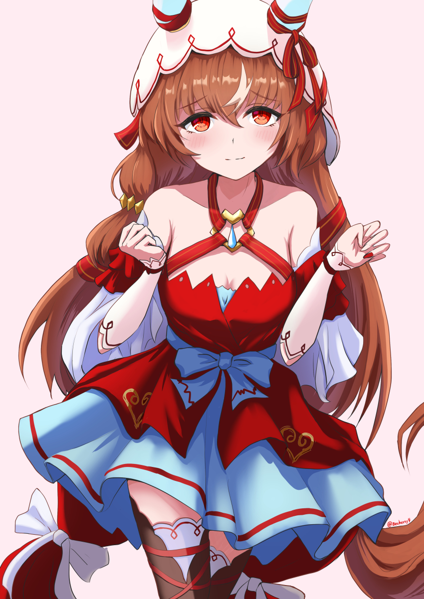 1girl absurdres animal_ears becherry blue_skirt brown_hair commentary_request highres horse_ears horse_girl horse_tail long_hair looking_at_viewer multicolored_hair pink_background red_eyes simple_background skirt solo standing still_in_love_(umamusume) streaked_hair tail thighs umamusume veil white_hair