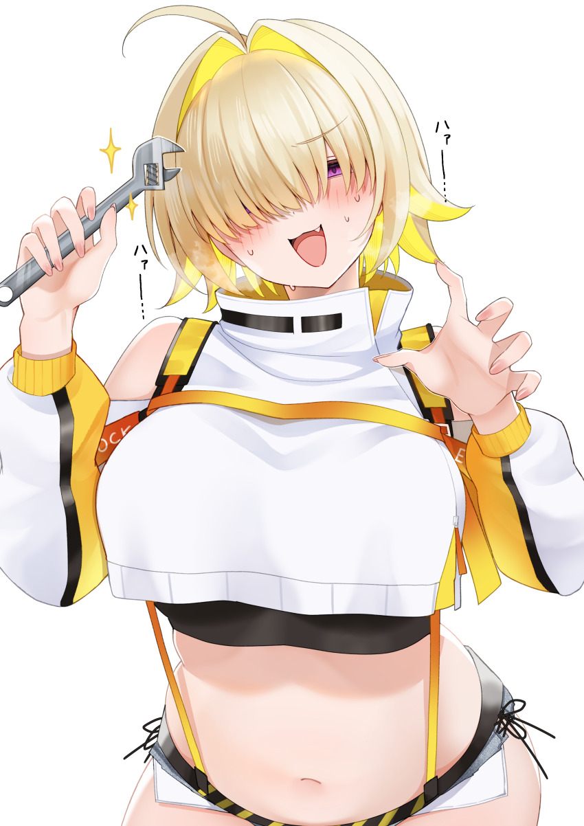 1girl absurdres ahoge black_sports_bra blonde_hair blush breasts crop_top crop_top_overhang cropped_sweater elegg_(nikke) goddess_of_victory:_nikke hair_intakes hair_over_eyes highres holding large_breasts looking_at_viewer micro_shorts navel nigi_(ngmnoym) open_mouth purple_eyes short_hair shorts simple_background smile solo sports_bra suspender_shorts suspenders sweater white_background
