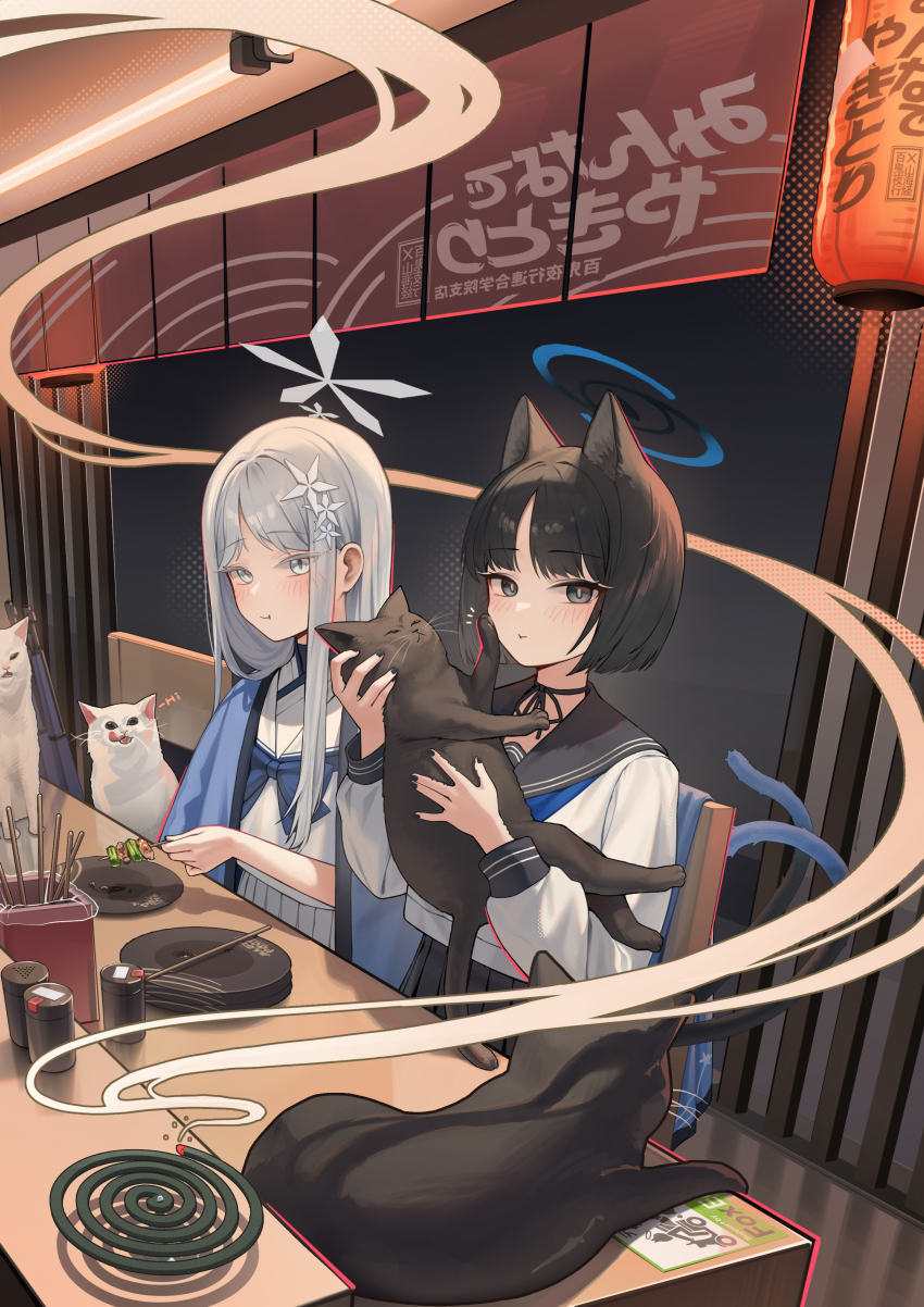 2girls absurdres animal_ears black_cat black_hair blue_archive blue_neckerchief blush cat cat_ears cat_tail dong_ji eating food halo haori highres japanese_clothes kikyou_(blue_archive) long_hair looking_at_viewer mosquito_coil multiple_girls nagusa_(blue_archive) neckerchief pleated_skirt restaurant school_uniform serafuku short_hair sitting skirt straight_hair tail very_long_hair white_cat white_hair white_serafuku yakitori