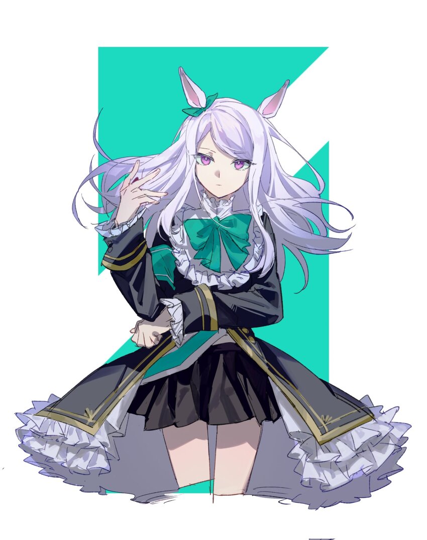 1girl :| animal_ears aqua_armband aqua_background aqua_bow aqua_bowtie armband black_dress black_skirt bow bowtie bright_pupils center_frills closed_mouth collar cropped_legs dress ear_bow expressionless eyes_visible_through_hair floating_hair frilled_collar frilled_dress frilled_jacket frilled_sleeves frills hand_up head_tilt highres horse_ears horse_girl jacket long_hair long_sleeves looking_at_viewer mejiro_mcqueen_(umamusume) open_clothes open_dress parted_bangs pink_eyes pleated_skirt skirt sleeve_cuffs solo umamusume white_background white_hair white_pupils zizzu