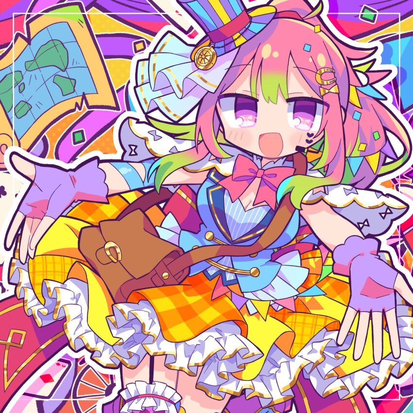 1girl :d blue_jacket blush bow bowtie breasts capelet colorful_background commentary_request cowboy_shot fingerless_gloves frilled_skirt frilled_thighhighs frills garter_straps gloves green_hair hakono_nakami hat highres indie_virtual_youtuber jacket long_hair looking_at_viewer medium_breasts multicolored_hair multicolored_hat open_mouth outline outstretched_arms pink_hair pink_thighhighs plaid_clothes plaid_skirt purple_eyes purple_gloves purple_hat red_bow red_bowtie richard_(richaball) skirt sleeveless sleeveless_jacket smile solo thighhighs top_hat virtual_youtuber white_capelet white_outline yellow_skirt