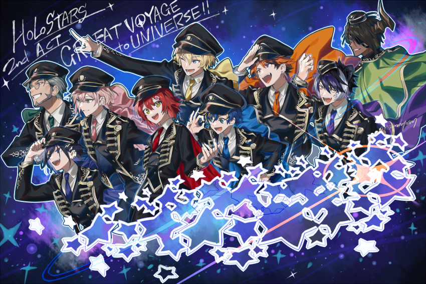 6+boys :d animal_ear_fluff animal_ears aragami_oga arurandeisu astel_leda black_hair black_hat black_jacket black_pants black_vest blonde_hair blue_cape blue_eyes blue_hair blue_necktie brown_cape cape collared_shirt commentary_request copyright_name cropped_torso dark-skinned_male dark_skin eyepatch fang garrison_cap green_cape green_necktie grey_hair hair_between_eyes hanasaki_miyabi hat highres holostars horns jacket kageyama_shien kanade_izuru kishido_temma male_focus matching_outfits multicolored_hair multiple_boys necktie ninahachi open_clothes open_jacket open_mouth orange_hair outstretched_arm pants peaked_cap pink_cape pink_hair pink_necktie pointing purple_cape purple_eyes purple_hair purple_necktie red_cape red_hair red_necktie rikka_(holostars) shirt single_horn smile star_(symbol) twitter_username two-tone_hair upper_body v-shaped_eyebrows vest virtual_youtuber white_shirt yellow_cape yellow_eyes yellow_necktie yukoku_roberu