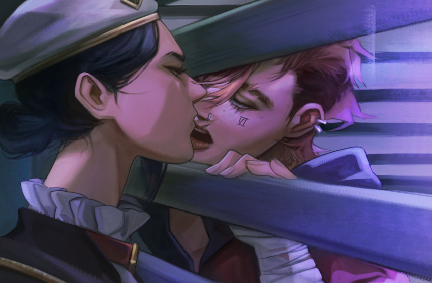 arcane:_league_of_legends arcane_caitlyn arcane_vi asymmetrical_hair caitlyn_(league_of_legends) closed_eyes dhqla66 facial_tattoo hat highres imminent_kiss kiss league_of_legends nose_piercing piercing police police_hat police_uniform policewoman sidecut tattoo undercut vi_(league_of_legends) yuri