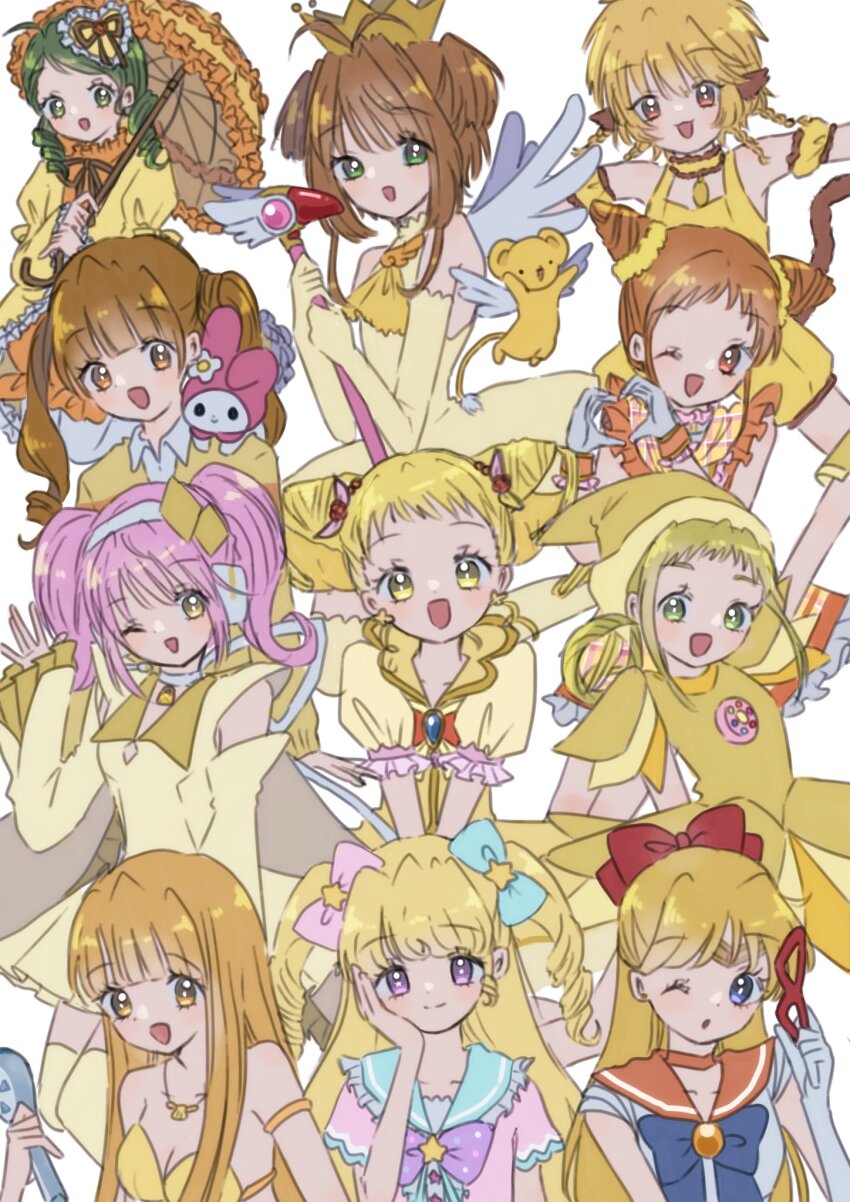 6+girls aikatsu! aikatsu!_(series) amulet_dia annotated arisugawa_otome arm_up armlet asuka_momoko atat_karubi bare_shoulders bishoujo_senshi_sailor_moon blonde_hair blue_bow blue_bowtie blue_eyes bow bowtie braid brown_hair cardcaptor_sakura choker coco_(mermaid)_(mermaid_melody_pichi_pichi_pitch) coco_(mermaid_melody_pichi_pichi_pitch) collarbone color_connection commentary cone_hair_bun crossover crown cure_lemonade detached_sleeves diamond_hair_ornament domino_mask dress drill_hair elbow_gloves english_commentary female_focus finger_heart fong_pudding frilled_choker frilled_sleeves frills fuuin_no_tsue gloves green_eyes green_hair hair_bow hair_bun hairband hand_on_own_cheek hand_on_own_face hat highres hinamori_amu holding holding_mask holding_microphone holding_umbrella holding_wand idol_time_pripara jewelry kanaria kasugano_urara_(yes!_precure_5) kero_(cardcaptor_sakura) kinomoto_sakura kinomoto_sakura_(miraculous_sakura) long_hair magical_girl mask matching_hair/eyes mermaid_melody_pichi_pichi_pitch mew_pudding microphone multiple_crossover multiple_girls my_melody necklace ojamajo_doremi on_shoulder one_eye_closed onegai_my_melody open_mouth orange_choker orange_sailor_collar pink_hair precure pretty_series pripara puffy_detached_sleeves puffy_sleeves red_bow rozen_maiden sailor_collar sailor_senshi_uniform sanrio shell shell_necklace shirt short_hair shugo_chara! sidelocks simple_background sleeveless sleeveless_dress sweater tiara tokyo_mew_mew twin_braids twin_drills twintails umbrella wand white_background white_gloves white_hairband white_shirt wide_sleeves wings wink witch_hat yellow_dress yellow_eyes yellow_gloves yellow_headwear yellow_sweater yellow_theme yes!_precure_5 yumekawa_yui yumeno_uta