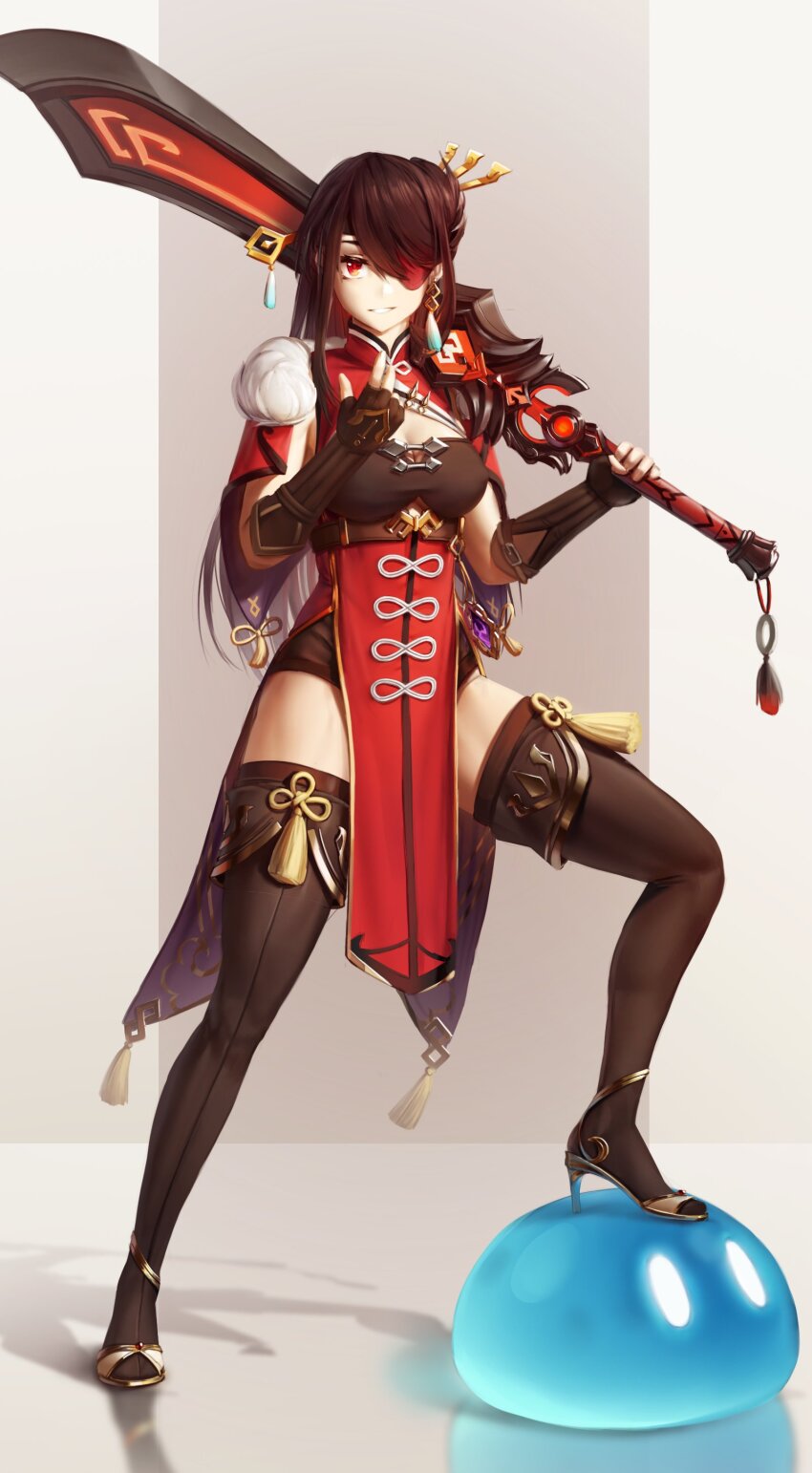 1girl absurdres beidou_(genshin_impact) black_gloves black_thighhighs blackcliff_slasher_(genshin_impact) border breasts brown_hair cape chinese_clothes cleavage cleavage_cutout clothing_cutout colored_eyepatch commentary commission earrings elbow_gloves electro_symbol_(genshin_impact) eyepatch fingerless_gloves full_body fur-trimmed_cape fur_trim genshin_impact gloves gold_shoes gradient_background gradient_border grey_background hair_ornament hair_stick half_updo hand_up high_heels highres holding holding_sword holding_weapon jewelry long_hair looking_at_viewer medium_breasts numanoan over_shoulder parted_lips pelvic_curtain red_eyes shadow shoes single_earring sleeveless_turtleneck_leotard slime_(genshin_impact) smile solo standing sword sword_over_shoulder sword_tassel tassel tassel_earrings thighhighs thighs very_long_hair vision_(genshin_impact) weapon weapon_over_shoulder white_border white_fur