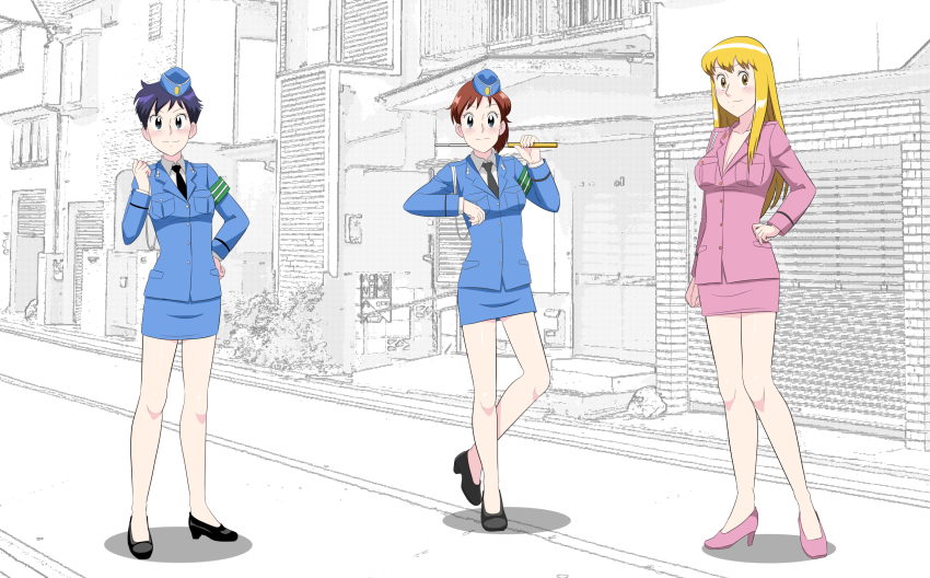 3girls akimoto_katherine_reiko blonde_hair car highres kochikame long_hair motor_vehicle multiple_girls ono_komachi police police_uniform policewoman ponytail seishou_naoko short_hair takaya_n