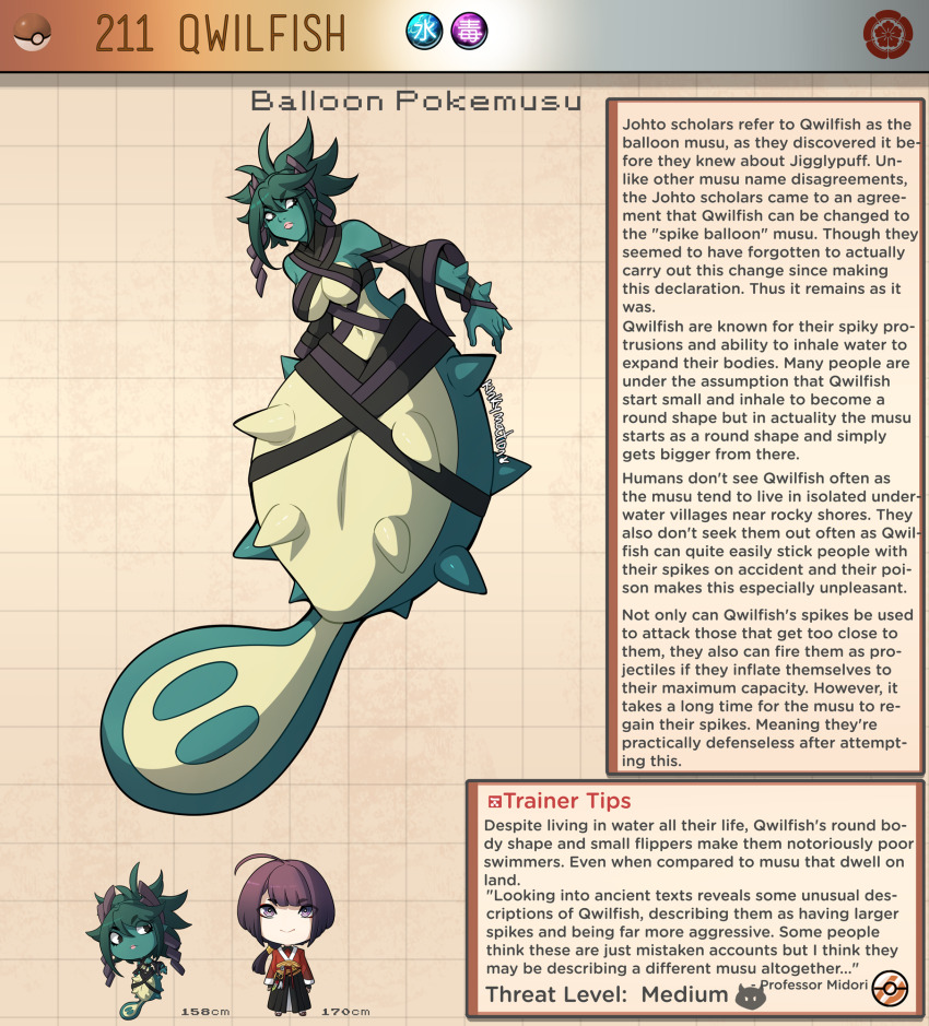 1boy 1girl artist_name black_hair breasts brown_background character_name character_profile colored_skin commentary english_commentary english_text gen_2_pokemon green_hair green_skin highres kinkymation lips medium_breasts medium_hair mermaid monster_girl navel nintendo personification poke_ball poke_ball_(basic) pokemon qwilfish spikes