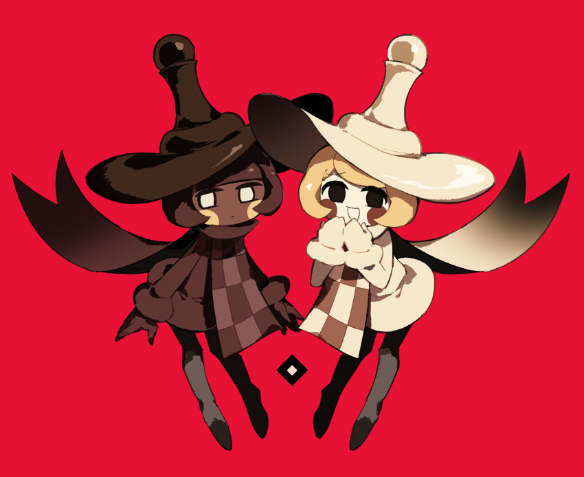 2others :d apron arms_at_sides black_eyes blonde_hair brown_apron brown_cape brown_gloves brown_hair brown_hat brown_tunic cape checkered_apron checkered_clothes chess_piece circle_facial_mark closed_mouth cookie_print cookie_run cookie_run:_ovenbreak dark_skin expressionless food_print full_body gloves hands_on_own_chin hands_up hat highres humanization long_sleeves looking_at_viewer melvi0 multiple_others no_pupils open_mouth other_focus pawn_(chess) pawn_black_cookie pawn_white_cookie red_background short_hair siblings simple_background smile tunic twins white_cape white_eyes white_gloves white_hat white_tunic