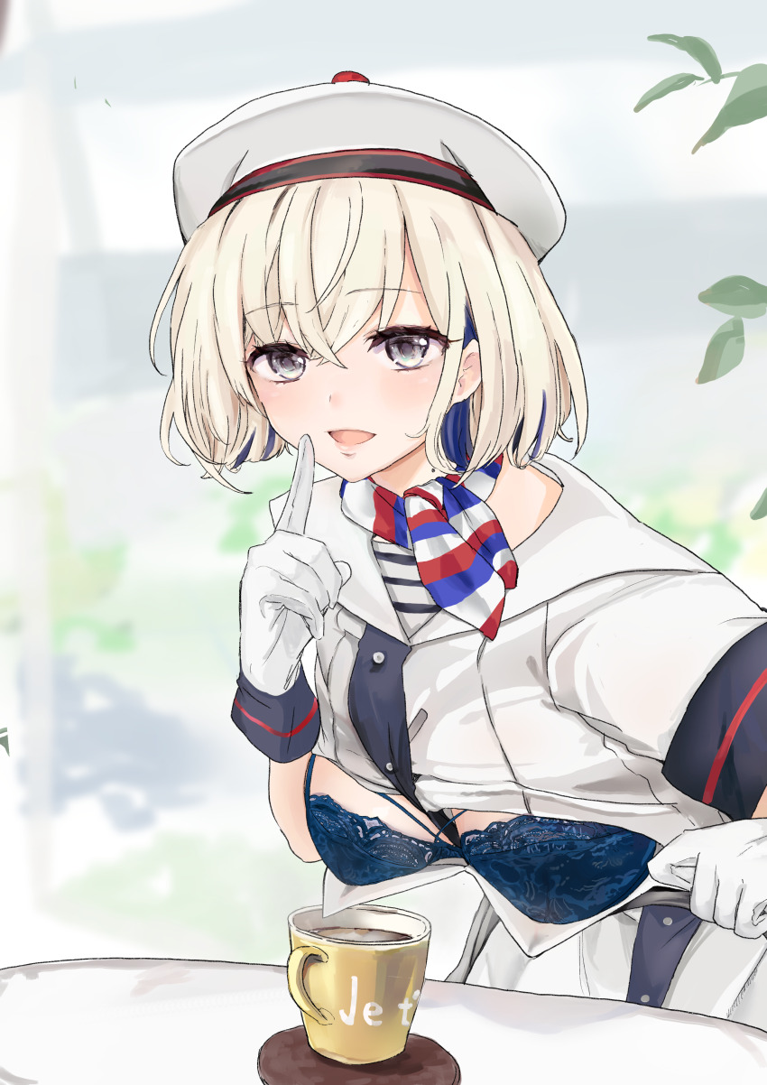 1girl absurdres ahshi_(yingchuan_songshu) blonde_hair blue_bra blue_hair bra breasts coffee coffee_maker coffee_mug colored_inner_hair cup gloire_(kancolle) gloves hat highres kantai_collection medium_breasts mole mole_on_neck mug multicolored_hair short_hair short_sleeves solo underwear upper_body white_gloves white_hat