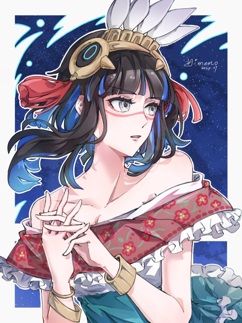 1girl aztec bare_shoulders black_hair blue_hair bracelet colored_inner_hair dress eyeliner facepaint fate/grand_order fate_(series) feathers flora_himemi grey_eyes headdress highres jewelry makeup mexican_dress multicolored_hair short_hair sidelocks solo tassel tenochtitlan_(ancient_mexico_exhibition)_(fate) tenochtitlan_(fate)
