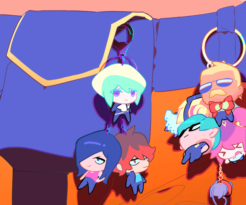 1boy :3 aina_ardebit aqua_hair belt black_hair blonde_hair blue_eyes character_charm charm_(object) facial_hair galo_thymos gueira hair_over_one_eye highres ignis_ex jacket jitome km_(ksolee1201) lio_fotia long_hair lower_body lucia_fex meis_(promare) mustache pants pink_hair promare purple_eyes red_hair remi_puguna short_hair side_ponytail sunglasses tank_top