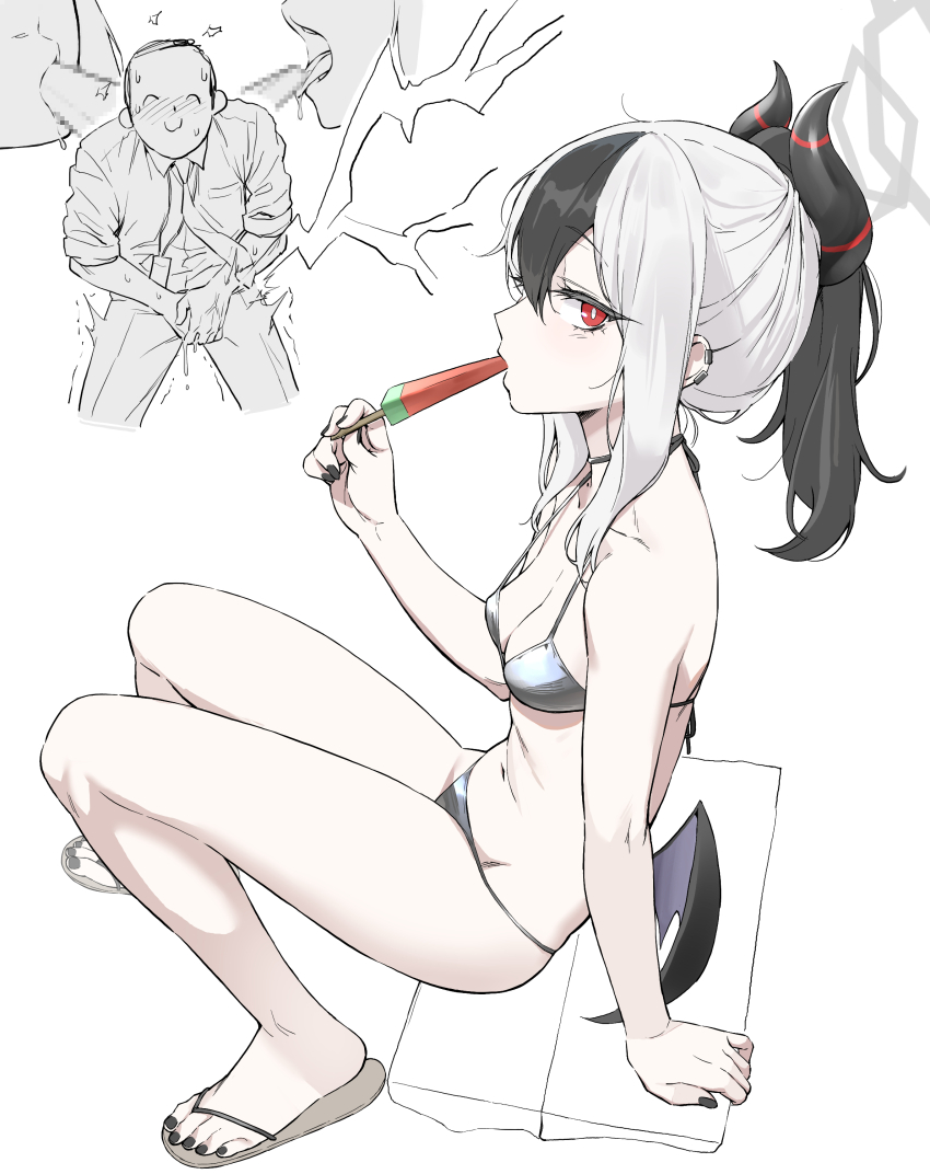 1girl absurdres bikini black_hair blue_archive breasts cleavage close-up demon_girl demon_horns doodle_sensei_(blue_archive) earclip food grey_halo hair_between_eyes halo highres horns hyury kayoko_(blue_archive) long_hair looking_at_viewer low_wings medium_breasts mole multicolored_hair nail_polish ponytail popsicle red_eyes sensei_(blue_archive) sexually_suggestive sitting swimsuit two-tone_hair white_hair wings