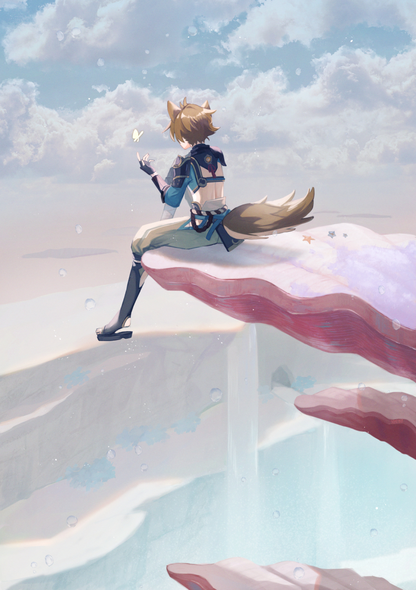 1boy animal_ears antenna_hair armor black_gloves black_sandals blue_sky brown_hair bubble bug butterfly cave cloud cloudy_sky commentary_request coral crop_top day dog_boy dog_ears dog_tail facing_away fingerless_gloves from_behind genshin_impact gloves glowing_butterfly gorou_(genshin_impact) grey_pants hand_up highres horizon igote in-universe_location insect island japanese_armor kouhaku_nawa ledge long_sleeves male_focus outdoors pants rope sandals shimenawa short_hair shoulder_armor sitting sky sode solo someaka starfish tail vision_(genshin_impact) water waterfall yellow_butterfly
