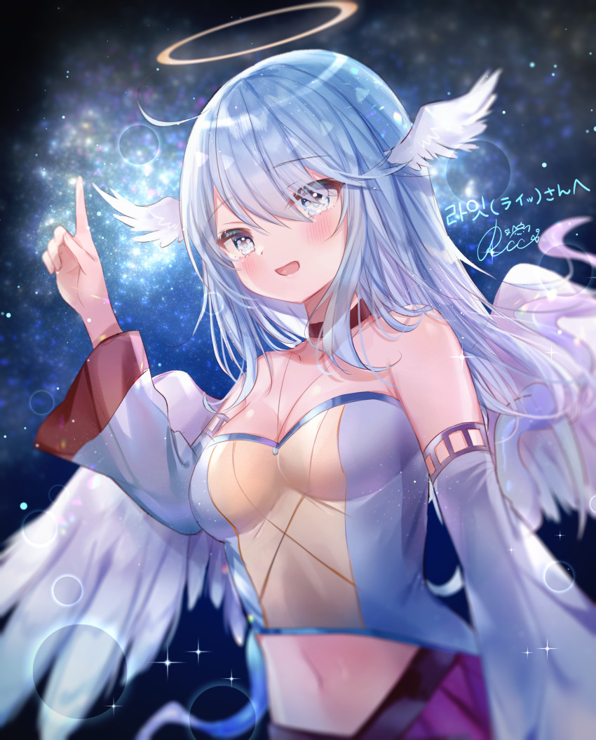 1girl :d absurdres angel angel_wings bad_id bad_pixiv_id bare_shoulders blue_sleeves blush breasts brown_choker choker cleavage commentary_request commission detached_sleeves eyes_visible_through_hair feathered_wings hair_between_eyes halo hand_up head_wings highres index_finger_raised korean_text long_sleeves medium_breasts navel night night_sky open_mouth original pleated_skirt purple_skirt rucaco signature skeb_commission skirt sky smile solo sparkle strapless white_wings wide_sleeves wings
