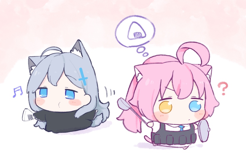 2girls ahoge animal_ear_fluff animal_ears blue_archive blue_eyes blue_necktie blush_stickers bulletproof_vest chibi closed_mouth collared_shirt commentary_request cross cross_hair_ornament food full_body gradient_background grey_hair hair_between_eyes hair_ornament halo heterochromia high_ponytail highres holding holding_food holding_spatula hoshino_(armed)_(blue_archive) hoshino_(blue_archive) inverted_cross long_hair long_sleeves multiple_girls musical_note necktie no_halo onigiri parted_lips pink_background pink_hair ponytail shadow shiroko_(blue_archive) shiroko_terror_(blue_archive) shirt spatula speech_bubble thought_bubble urode white_background white_shirt wolf_ears