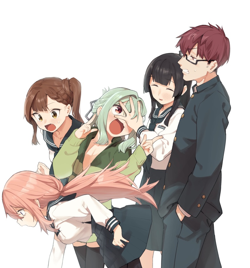 2boy 3girls absurdres annoyed bags_under_eyes black_hair black_shirt black_thighhighs blue_sailor_collar brown_eyes brown_hair clenched_teeth closed_eyes falling frown glasses green_hair green_jacket highres jacket kotobuki_hisako long_sleeves michinoku_komaro mizunoe_ume muchi_maro multiple_girls official_art open_mouth otori_tan pants pink_hair rectangular_eyewear sailor_collar seitokai_ni_mo_ana_wa_aru! semi-rimless_eyewear shirt simple_background skirt surprised sweatdrop teeth terui_arisu thighhighs walking white_background white_shirt