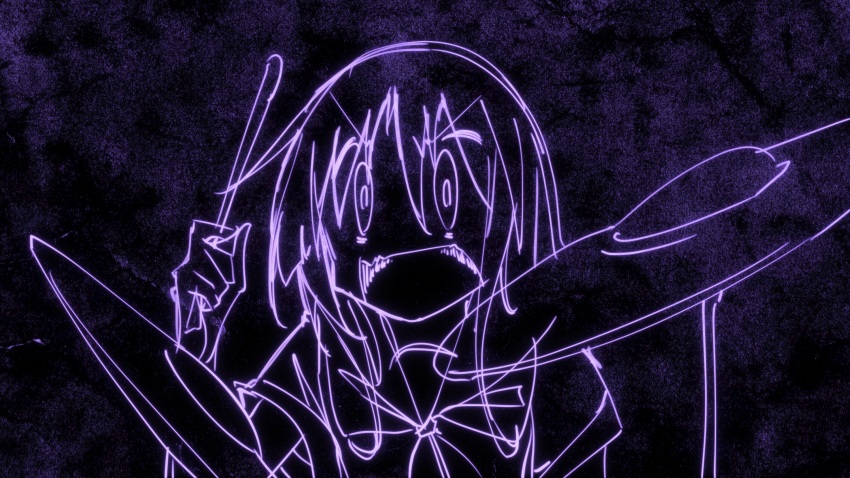 1girl asobi_asobase drum drumsticks highres hinata_yukari holding holding_drumsticks instrument long_hair looking_at_viewer majormilk music open_mouth outline parody playing_instrument school_uniform serafuku short_sleeves solo yuyushiki yuyushiki&#039;s_school_uniform