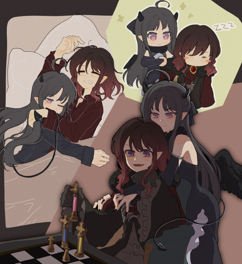 2girls absurdres ahoge artist_request awa_subaru black_hair black_wings chess_piece chessboard commission demon_girl demon_horns demon_tail dress fang girls_band_cry girls_band_cry_rpg highres horns hug hug_from_behind iseri_nina long_hair low_wings medium_hair multiple_girls nail_polish on_bed one_eye_closed pajamas pillow pointy_ears purple_eyes red_hair second-party_source sleeping tail under_covers wings yuri