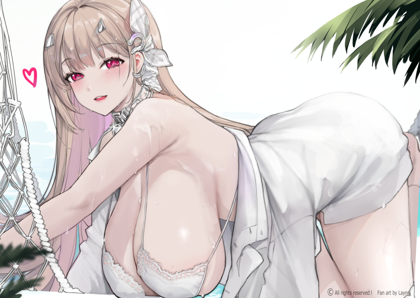 1girl absurdres all_fours bare_shoulders blonde_hair blushs bra breasts cleavage collarbone goddess_of_victory:_nikke hair_ornament hammock hanging_breasts heart heart_collar highres huge_breasts layneimarktwo leaning_forward lingerie long_hair looking_at_viewer parted_lips red_eyes shirt smile sweat unbuttoned unbuttoned_shirt underwear viper_(nikke) viper_(shine_of_love)_(nikke) white_bra white_shirt