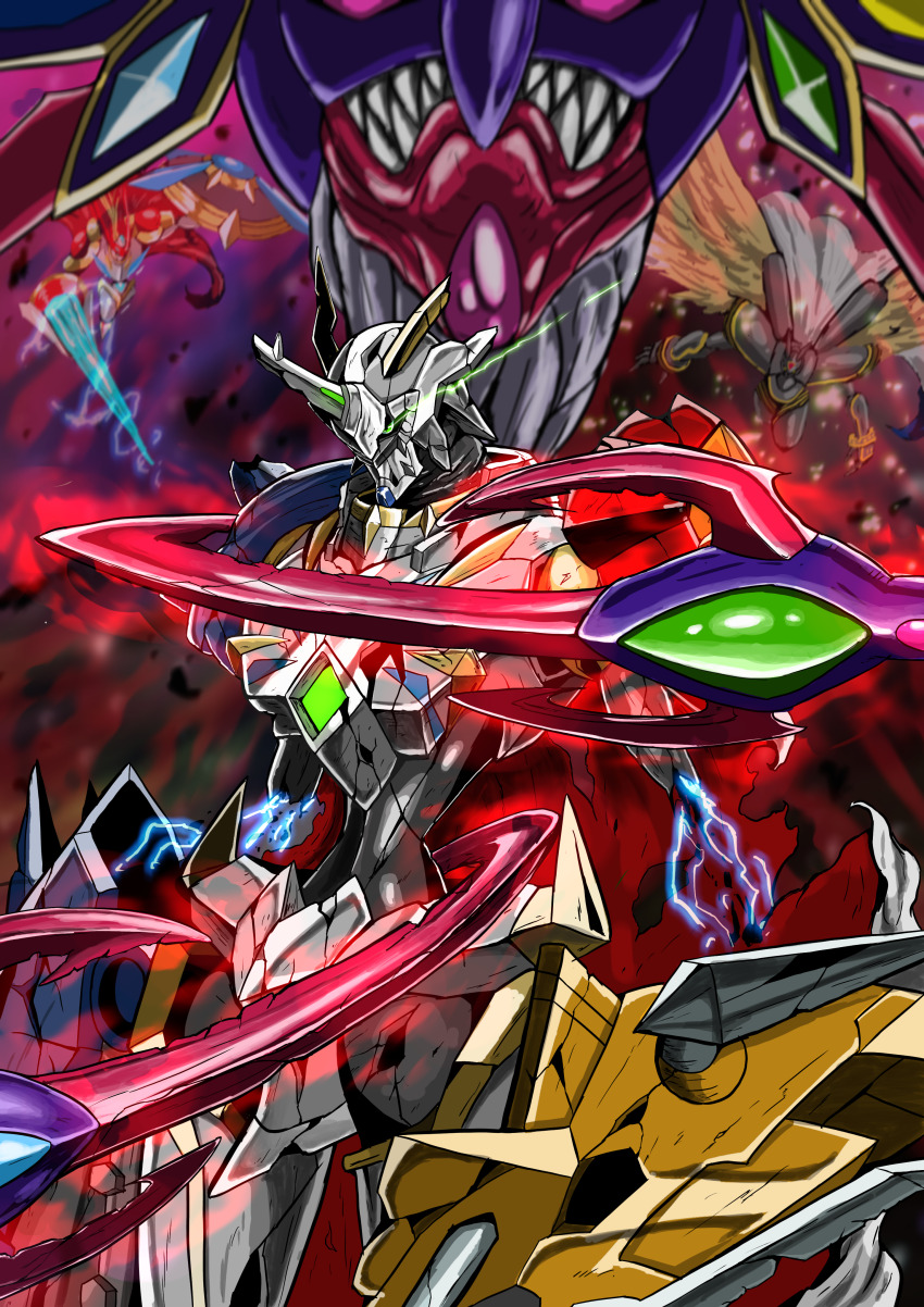 absurdres alphamon alphamon_ouryuken damaged digimon digimon_(creature) dukemon dukemon_x-antibody green_eyes highres horns lance ogudomon ogudomon_x-antibody omegamon omegamon_x-antibody polearm sharp_teeth shield teeth tentacles weapon
