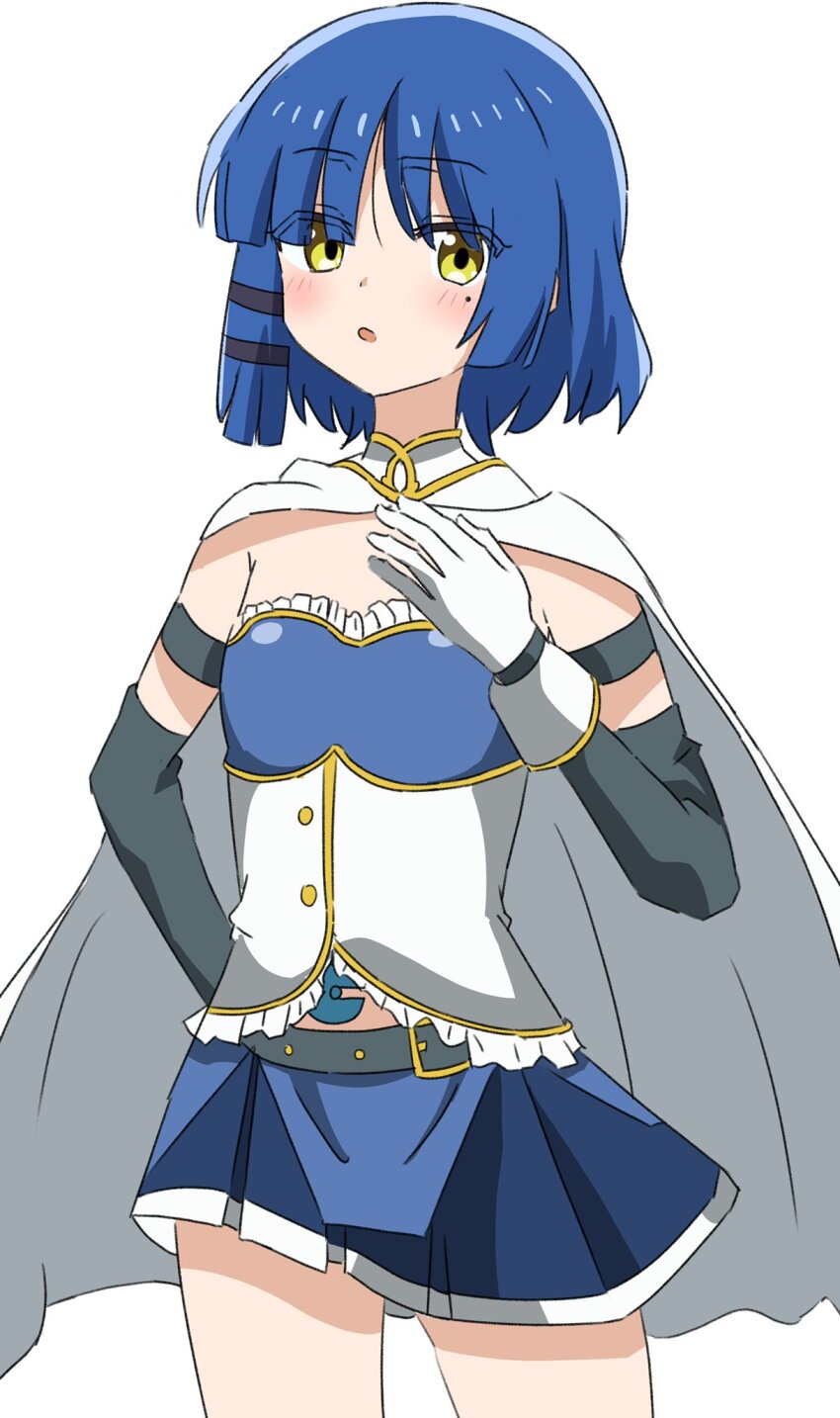 1girl belt black_sleeves blue_hair blue_skirt blush bocchi_the_rock! cape commission cosplay dress gem gloves hair_ornament hand_on_own_chest highres kunchacha looking_at_viewer mahou_shoujo_madoka_magica miki_sayaka miki_sayaka_(cosplay) miki_sayaka_(magical_girl) open_mouth skeb_commission skirt sleeveless sleeveless_dress thighs white_cape white_gloves yamada_ryo yellow_eyes