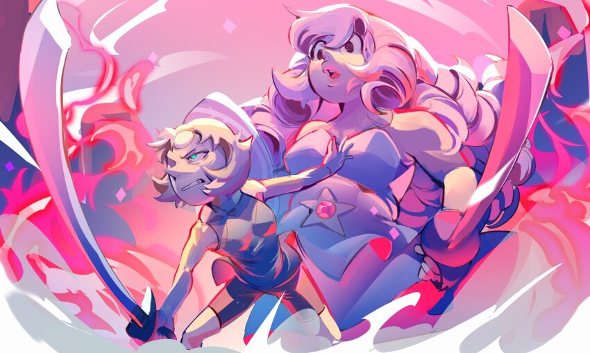 2girls aqua_eyes breasts clenched_teeth clothing_cutout dress forehead_jewel gem highres holding holding_sword holding_weapon long_hair luistopxeroso multiple_girls navel_cutout open_mouth pearl_(gemstone) pearl_(steven_universe) pink_gemstone pink_hair ringlets rose_quartz_universe short_hair star_cutout steven_universe stomach_jewel strapless strapless_dress surprised sword teeth weapon white_dress