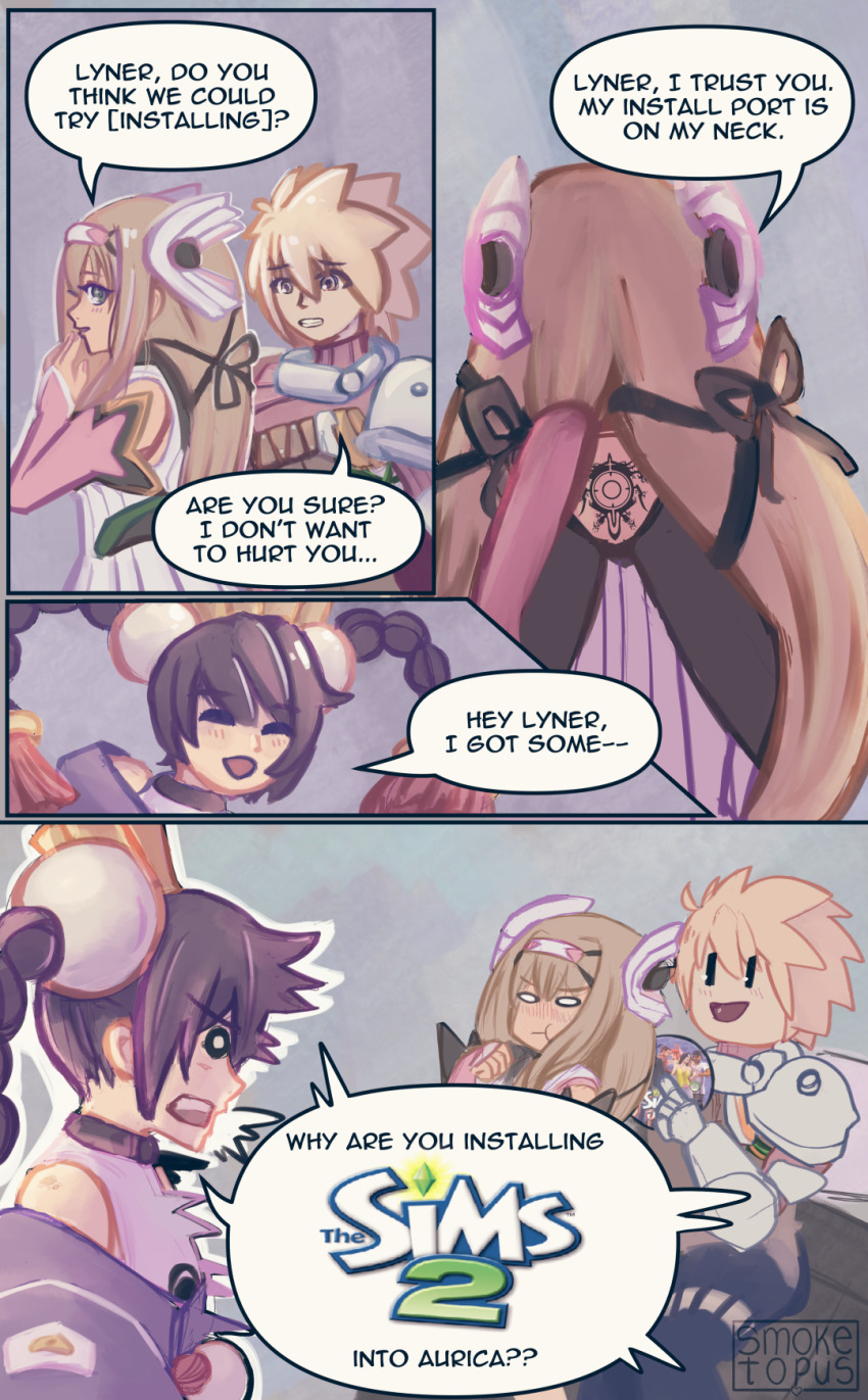 1boy 2girls album_cover ar_tonelico armor artist_name aurica_nestmile back back_tattoo blonde_hair blush braid brown_eyes brown_hair chinese_clothes closed_eyes comic cover english_text from_side grey_eyes highres knight legs long_hair lyner_barsett misha_arsellec_lune multiple_girls o_o open_mouth pout sitting smile surprised tattoo teeth the_sims thighs tongue twin_braids video_game white_eyes