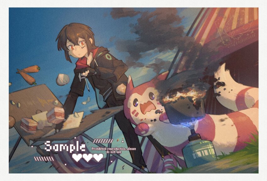 1boy alternate_color black_jacket black_pants blue_sky border brown_hair camping carrot full_body furret game_freak gen_2_pokemon highres jacket looking_at_another nintendo open_mouth outdoors pants pink_fur pink_shoes pokemon pokemon_(creature) red_eyes robinlovesop shiny_pokemon shoes sky smoke standing surprised tent white_border white_fur