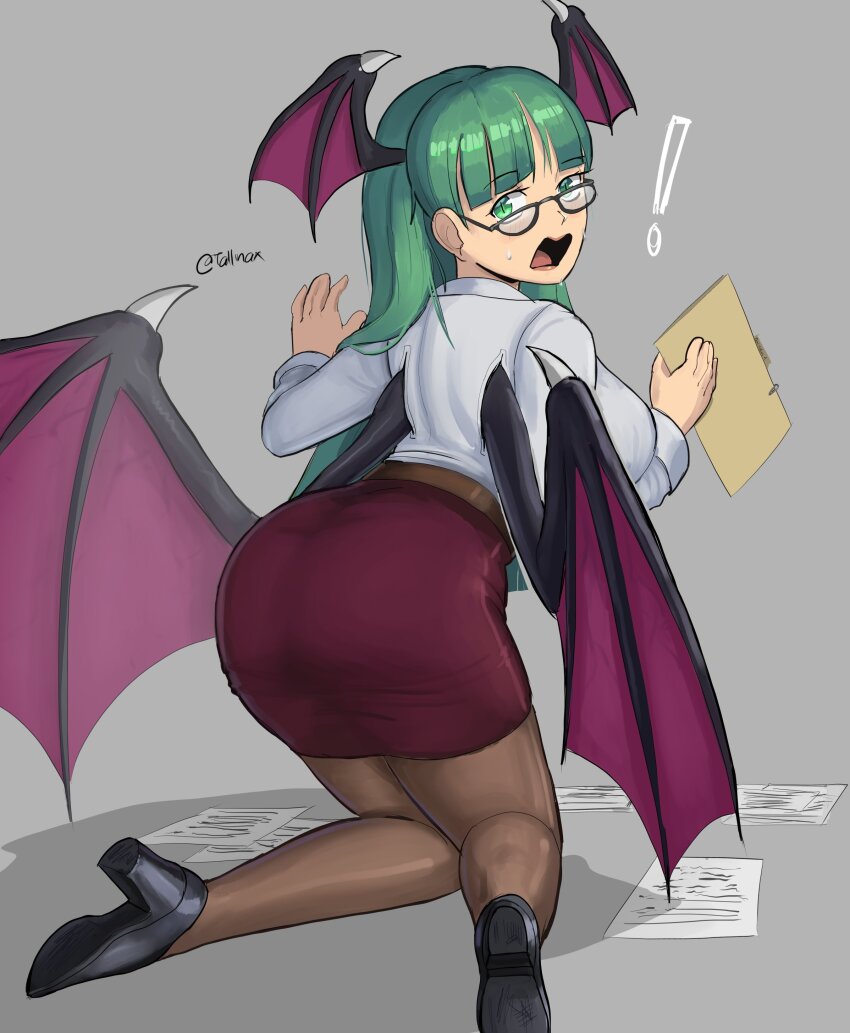 1girl absurdres ass bat_wings black_footwear breasts darkstalkers dropped_object folder from_behind glasses green_eyes green_hair high_heels highres holding holding_folder kneeling long_hair morrigan_aensland office_lady pantyhose sideboob slit_pupils tallinax veins veiny_wings wings