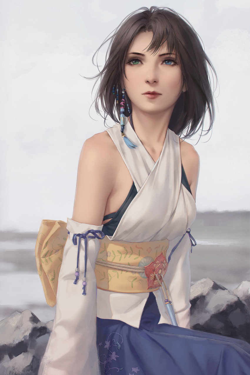 1girl blurry blurry_background brown_hair detached_sleeves female_focus final_fantasy final_fantasy_x hair_ornament hakama hakama_skirt heterochromia highres japanese_clothes jewelry lips looking_at_viewer miura-n315 obi print_hakama purple_hakama sash short_hair sitting skirt solo yuna