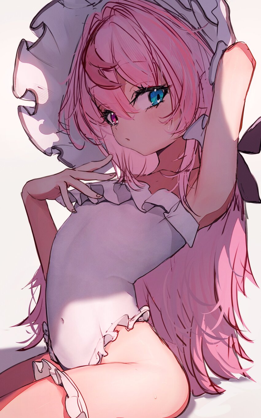 1girl absurdres alternate_breast_size arm_behind_head arm_up armpits black_ribbon blue_eyes closed_mouth covered_navel cropped_legs flat_chest frilled_hat frilled_one-piece_swimsuit frilled_thigh_strap frills getto hair_between_eyes hand_on_own_chest hat heterochromia highres hololive hololive_english irys_(hololive) long_hair looking_at_viewer messy_bangs multicolored_hair one-piece_swimsuit pink_hair red_eyes ribbon shadow simple_background sitting strapless strapless_one-piece_swimsuit streaked_hair swimsuit thigh_strap virtual_youtuber white_background white_hat